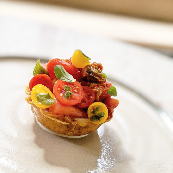 Tartlet of smoked roe, cuore del vesuvio tomato, marjoram - The Dairy Bermondsey