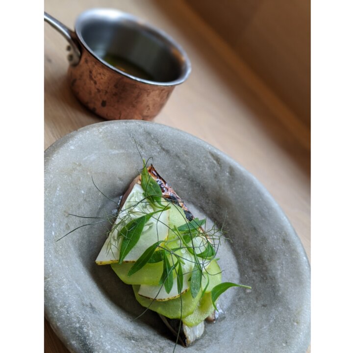 Mackerel with dilled fresh gherkins, sea purslane and dashi The Dairy Bermondsey